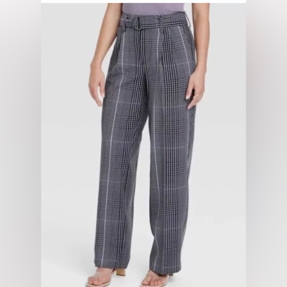 NEW A New Day High-Rise Relaxed Fit Straight Belted Trousers Gray Plaid‎ 18
